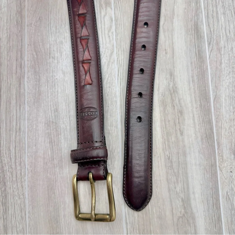Fossil Men’s Genuine Brown Leather Belt Braided Woven Solid Brass Buckle | Sz 42